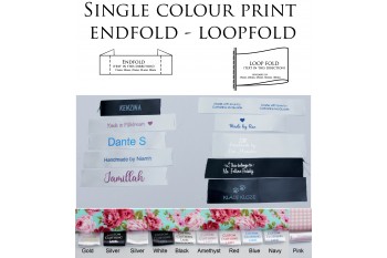 50 labels Single Colour print, Sew-on Clothing label, Slit-edge Satin, Endfold Loopfold